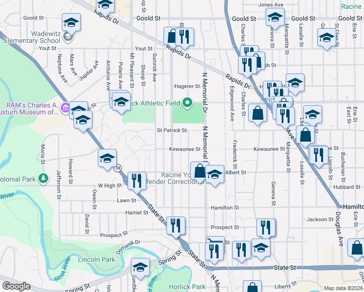 map of restaurants, bars, coffee shops, grocery stores, and more near 1708 Kewaunee Street in Racine
