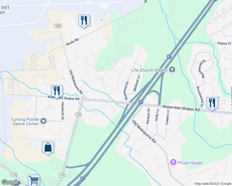 map of restaurants, bars, coffee shops, grocery stores, and more near 725 Watervliet Shaker Road in Latham