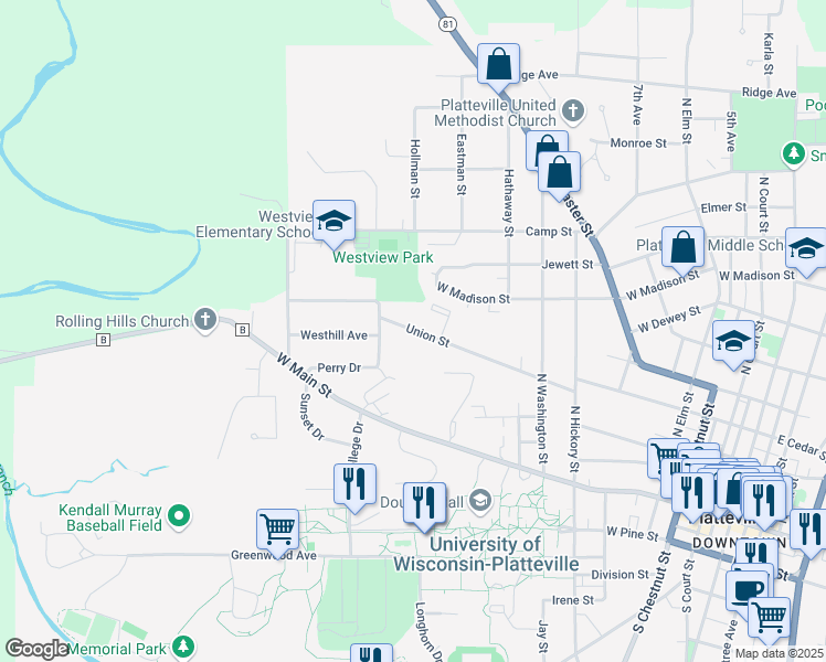 map of restaurants, bars, coffee shops, grocery stores, and more near 1005 Union Street in Platteville