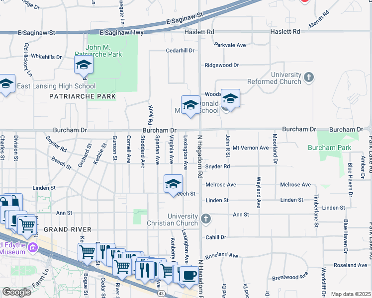 map of restaurants, bars, coffee shops, grocery stores, and more near 643 Lexington Avenue in East Lansing