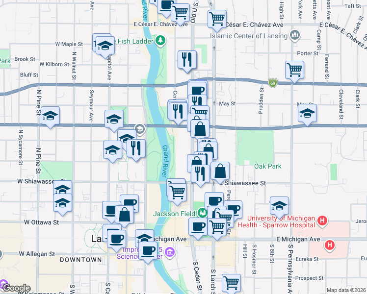 map of restaurants, bars, coffee shops, grocery stores, and more near 601 North Cedar Street in Lansing