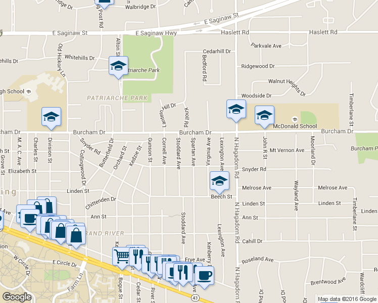 map of restaurants, bars, coffee shops, grocery stores, and more near 643 Spartan Ave in East Lansing