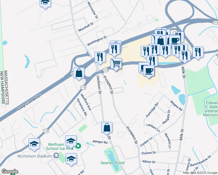 map of restaurants, bars, coffee shops, grocery stores, and more near 4 Junior Avenue in Methuen