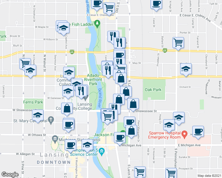 map of restaurants, bars, coffee shops, grocery stores, and more near 601 North Cedar Street in Lansing