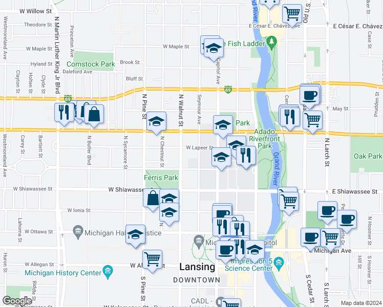 map of restaurants, bars, coffee shops, grocery stores, and more near 524 North Walnut Street in Lansing