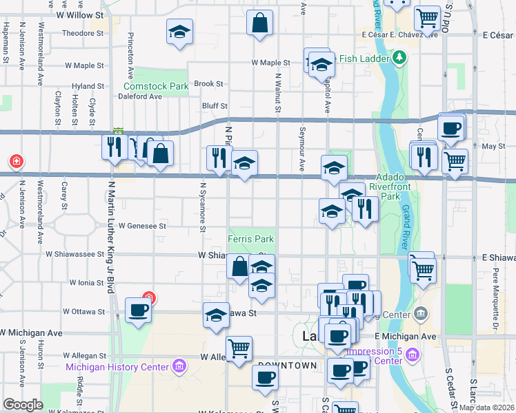map of restaurants, bars, coffee shops, grocery stores, and more near in Lansing