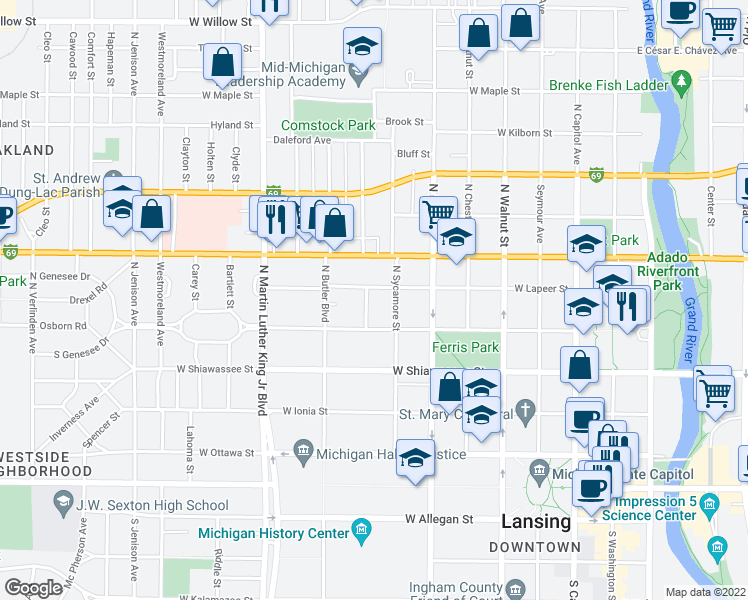 map of restaurants, bars, coffee shops, grocery stores, and more near 524 Leitram Street in Lansing