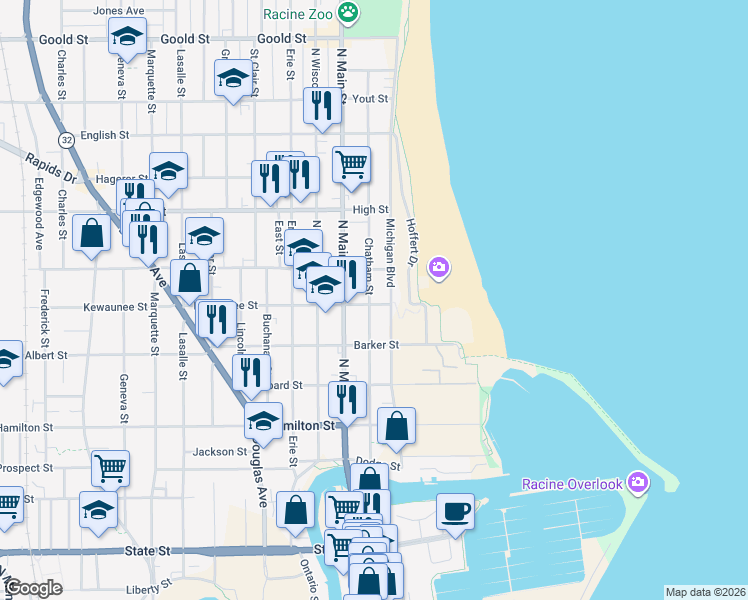 map of restaurants, bars, coffee shops, grocery stores, and more near in Racine