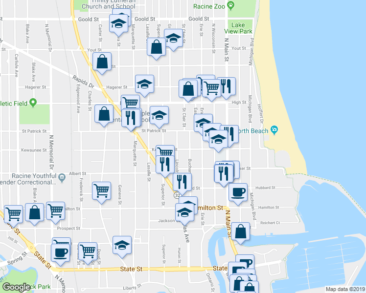 map of restaurants, bars, coffee shops, grocery stores, and more near 716 Kewaunee Street in Racine