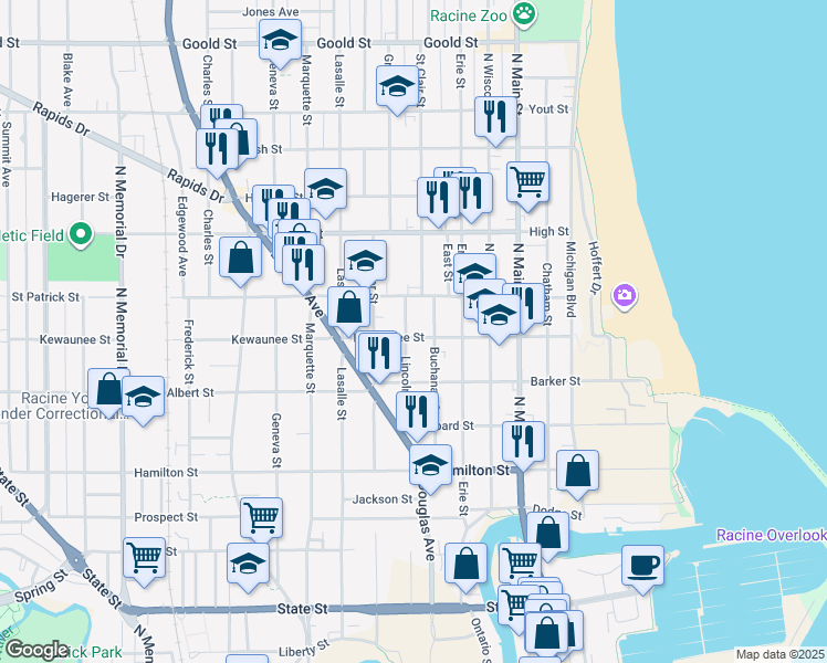 map of restaurants, bars, coffee shops, grocery stores, and more near 716 Kewaunee Street in Racine