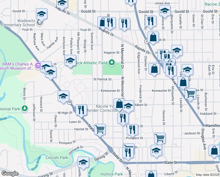 map of restaurants, bars, coffee shops, grocery stores, and more near 1708 Kewaunee Street in Racine
