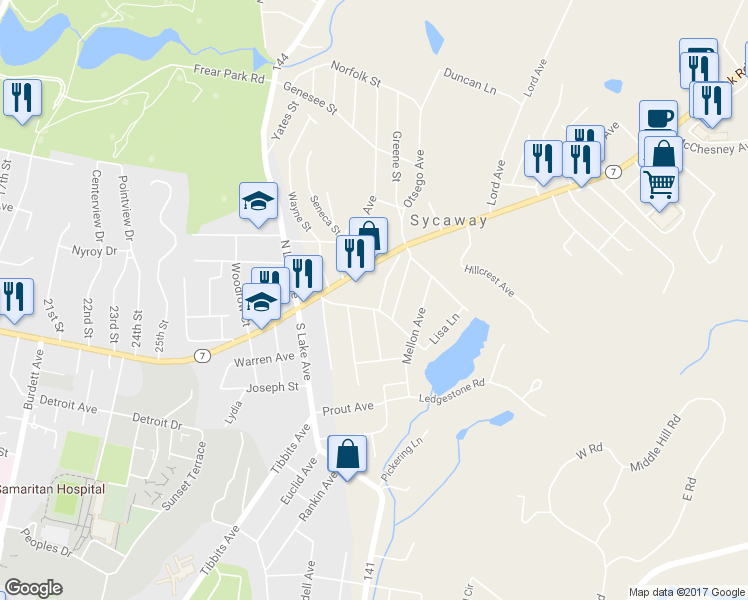 map of restaurants, bars, coffee shops, grocery stores, and more near 16 Sycaway Avenue in Troy