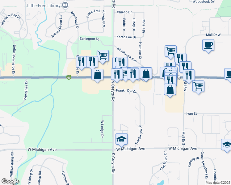 map of restaurants, bars, coffee shops, grocery stores, and more near 522 North Creyts Road in Lansing