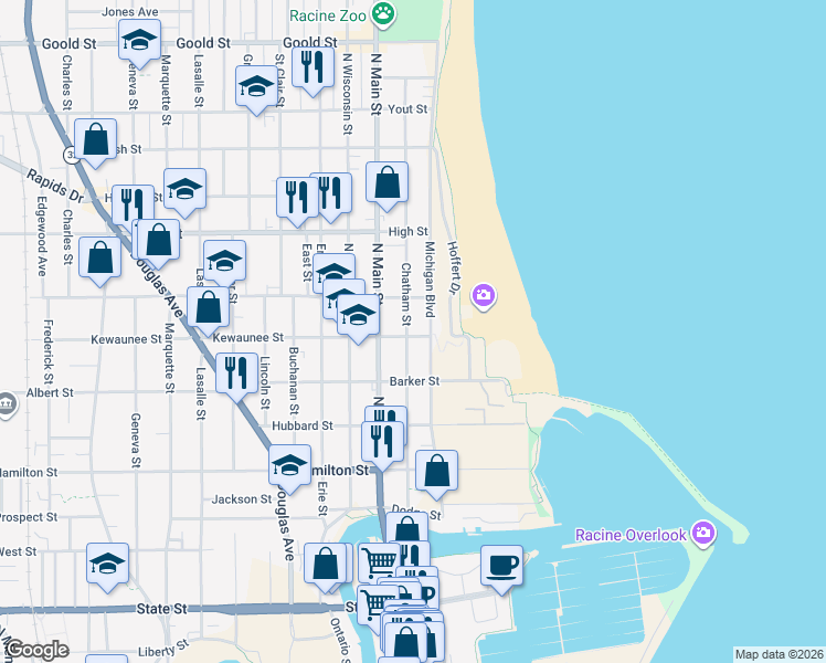 map of restaurants, bars, coffee shops, grocery stores, and more near in Racine