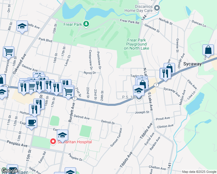 map of restaurants, bars, coffee shops, grocery stores, and more near 39 25th Street in Troy