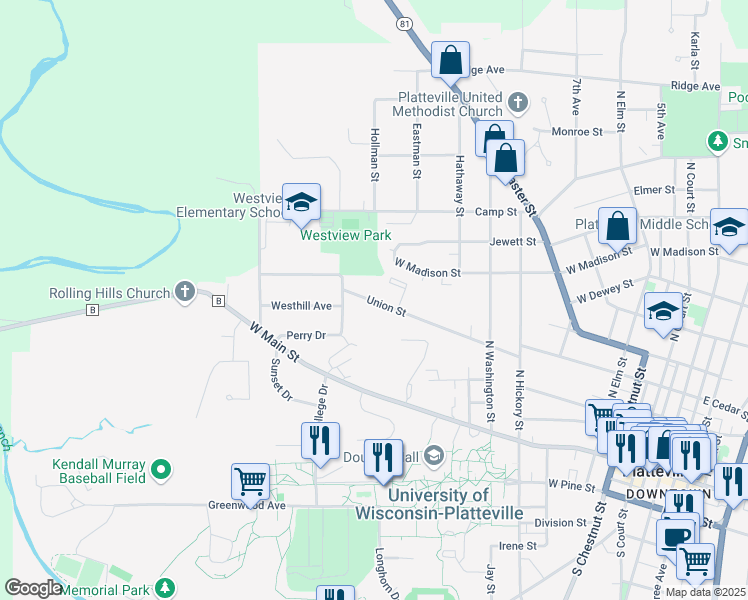 map of restaurants, bars, coffee shops, grocery stores, and more near 1005 Union Street in Platteville