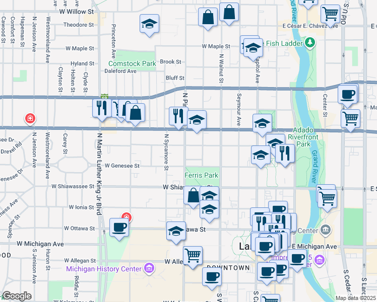 map of restaurants, bars, coffee shops, grocery stores, and more near 526 North Pine Street in Lansing