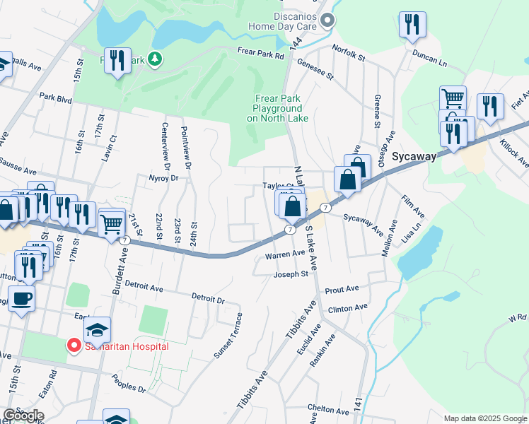 map of restaurants, bars, coffee shops, grocery stores, and more near 15 Woodrow Court in Troy