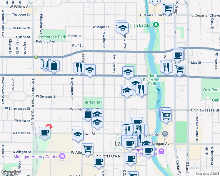 map of restaurants, bars, coffee shops, grocery stores, and more near 524 North Walnut Street in Lansing
