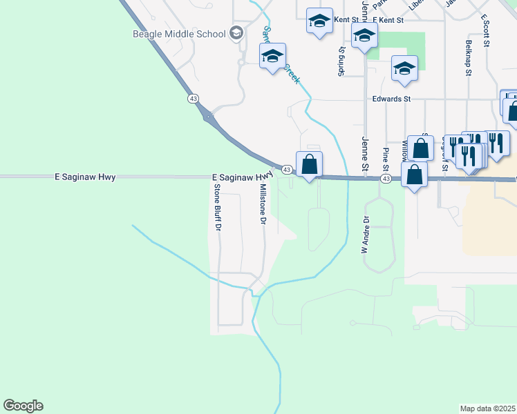 map of restaurants, bars, coffee shops, grocery stores, and more near 11909 Millstone Drive in Grand Ledge