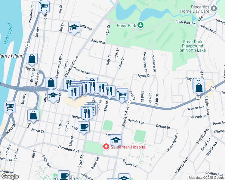 map of restaurants, bars, coffee shops, grocery stores, and more near 2413 Lavin Court in Troy
