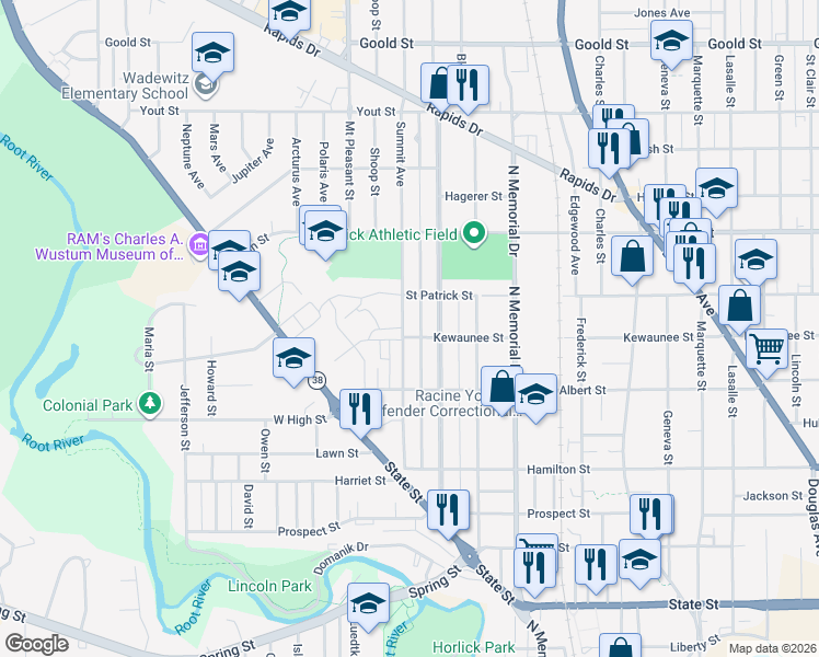 map of restaurants, bars, coffee shops, grocery stores, and more near 1507 Summit Avenue in Racine