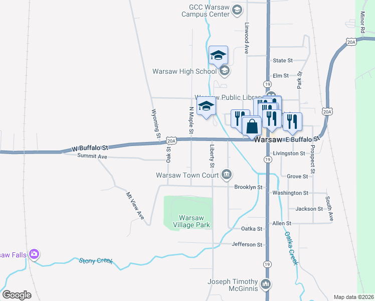 map of restaurants, bars, coffee shops, grocery stores, and more near 17 South Maple Street in Warsaw
