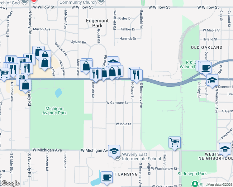 map of restaurants, bars, coffee shops, grocery stores, and more near 530 Brynford Avenue in Lansing