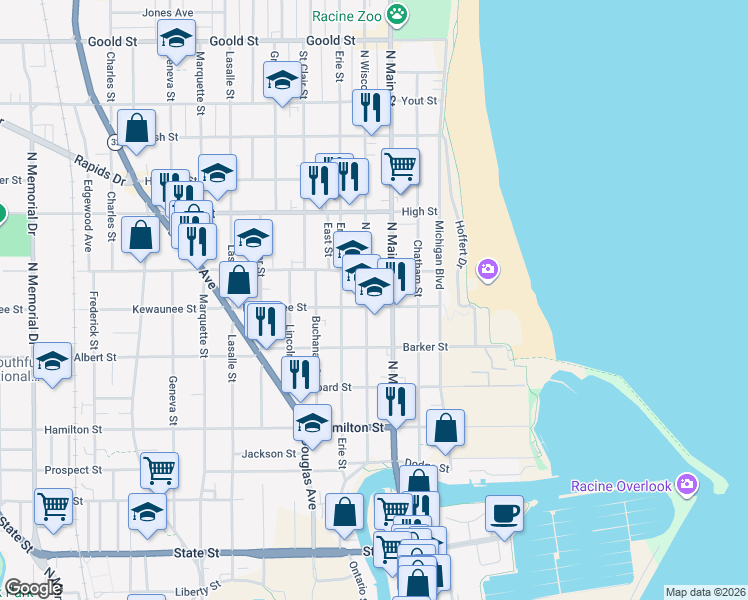 map of restaurants, bars, coffee shops, grocery stores, and more near 1501 North Wisconsin Street in Racine