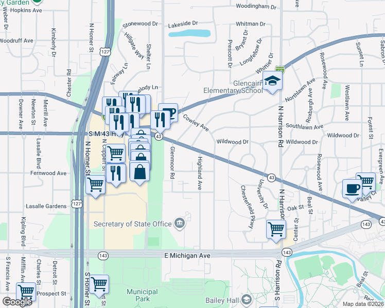 map of restaurants, bars, coffee shops, grocery stores, and more near 1251 West Grand River Road in East Lansing
