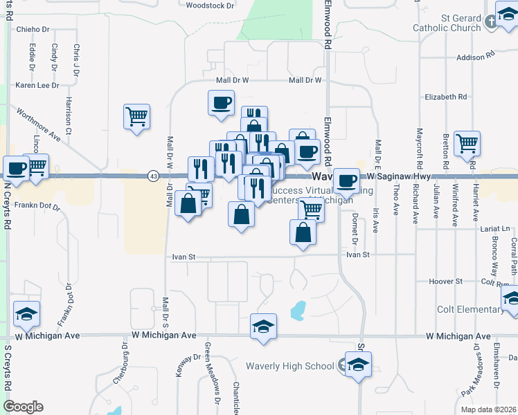 map of restaurants, bars, coffee shops, grocery stores, and more near 5451 West Saginaw Highway in Lansing