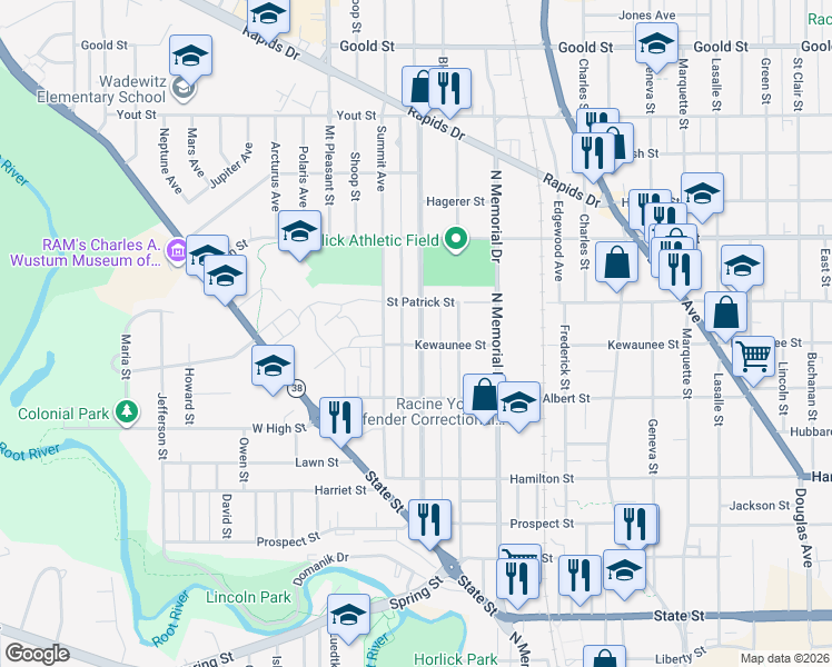 map of restaurants, bars, coffee shops, grocery stores, and more near 1507 Summit Avenue in Racine