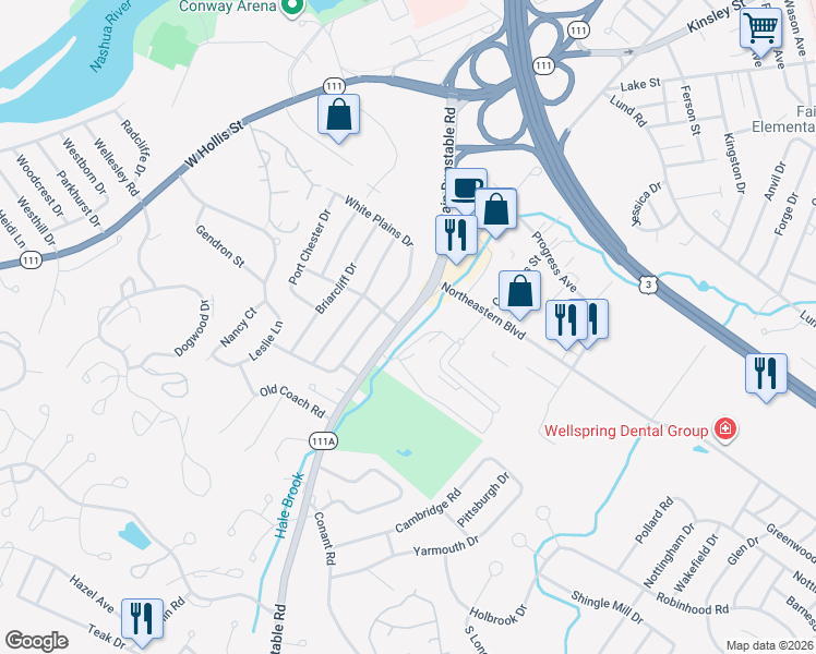 map of restaurants, bars, coffee shops, grocery stores, and more near in Nashua