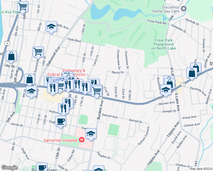 map of restaurants, bars, coffee shops, grocery stores, and more near 2418 21st Street in Troy