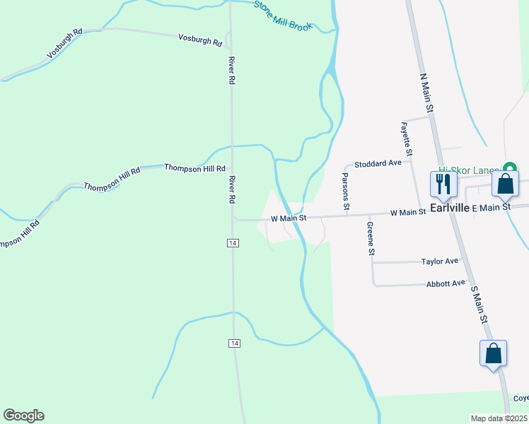 map of restaurants, bars, coffee shops, grocery stores, and more near 84 West Main Street in Earlville