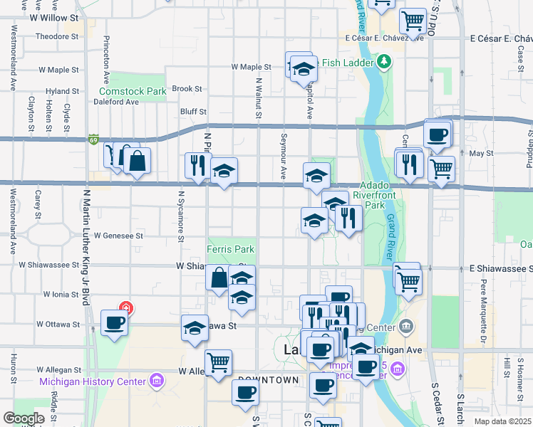 map of restaurants, bars, coffee shops, grocery stores, and more near 524 North Walnut Street in Lansing