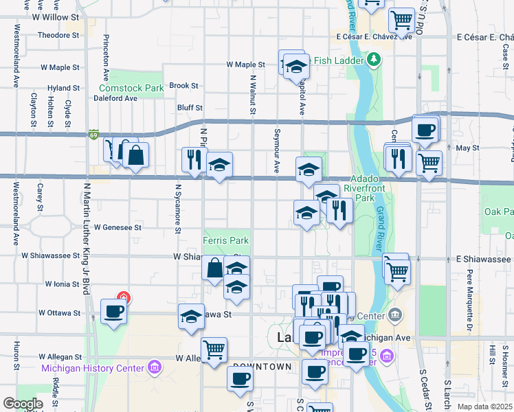 map of restaurants, bars, coffee shops, grocery stores, and more near 524 North Walnut Street in Lansing