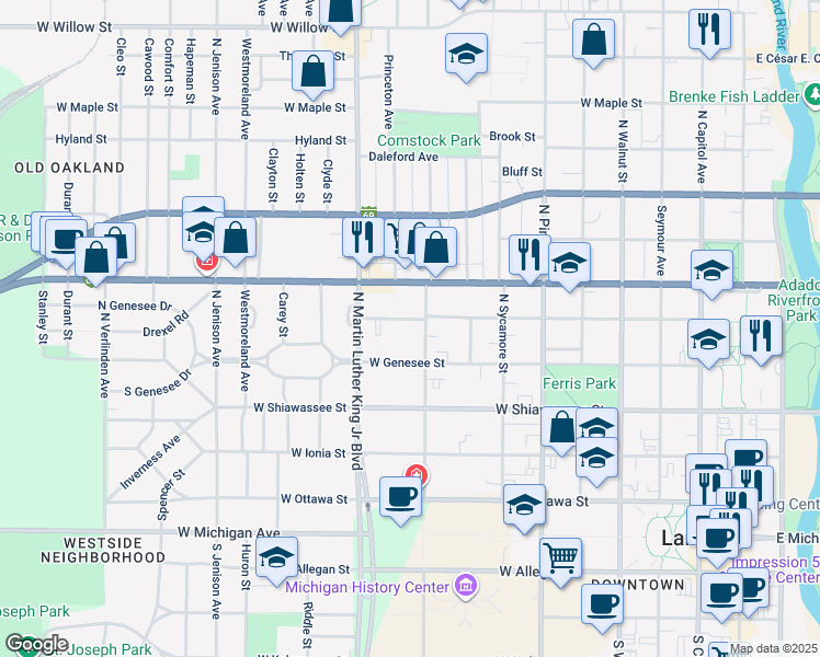 map of restaurants, bars, coffee shops, grocery stores, and more near 915 West Lapeer Street in Lansing