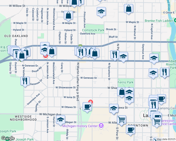 map of restaurants, bars, coffee shops, grocery stores, and more near 915 West Lapeer Street in Lansing