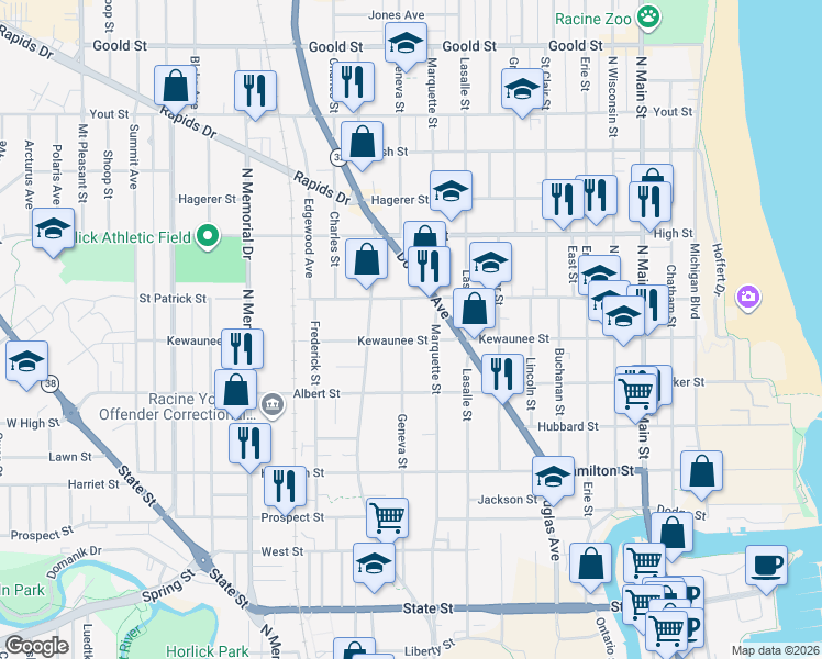 map of restaurants, bars, coffee shops, grocery stores, and more near 1110 Kewaunee Street in Racine