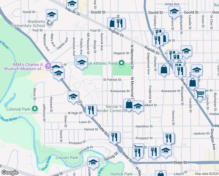map of restaurants, bars, coffee shops, grocery stores, and more near 1507 Summit Avenue in Racine