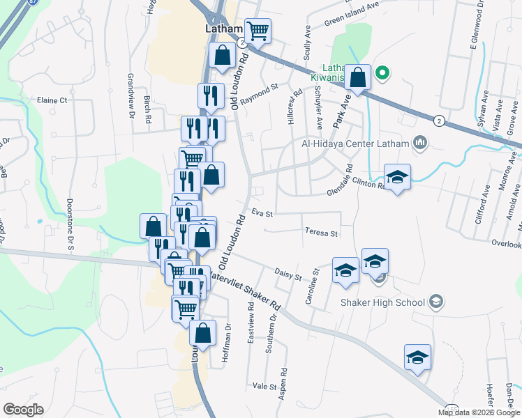 map of restaurants, bars, coffee shops, grocery stores, and more near 2 Eva Street in Latham