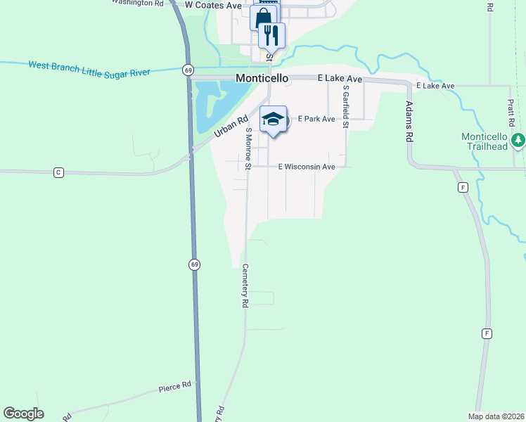 map of restaurants, bars, coffee shops, grocery stores, and more near 573 South Main Street in Monticello