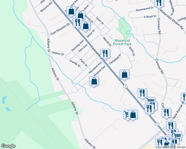map of restaurants, bars, coffee shops, grocery stores, and more near 21 Virginia Avenue in Albany