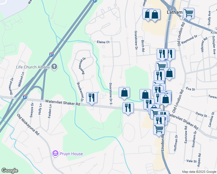 map of restaurants, bars, coffee shops, grocery stores, and more near 22 Doorstone Drive South in Latham