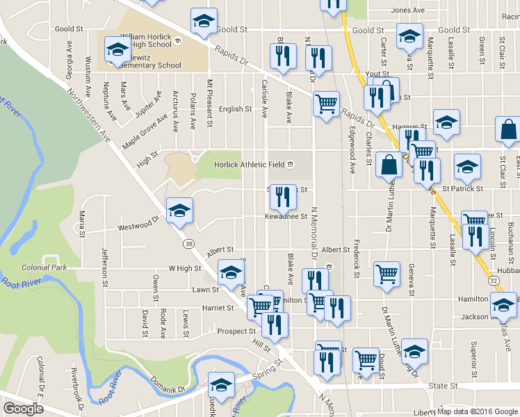 map of restaurants, bars, coffee shops, grocery stores, and more near 1510 Carlisle Avenue in Racine
