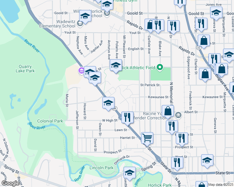 map of restaurants, bars, coffee shops, grocery stores, and more near 2230 Northwestern Avenue in Racine