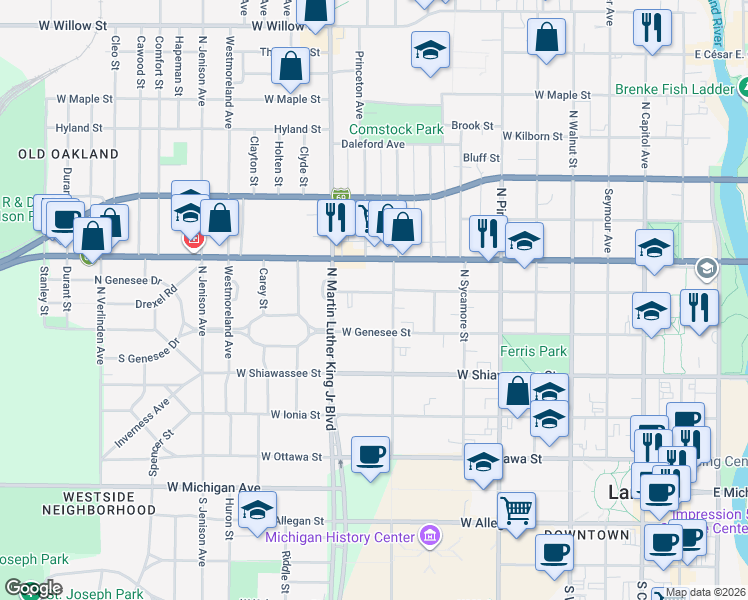 map of restaurants, bars, coffee shops, grocery stores, and more near 915 West Lapeer Street in Lansing