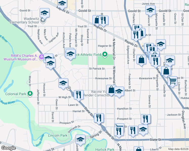 map of restaurants, bars, coffee shops, grocery stores, and more near 1507 Summit Avenue in Racine