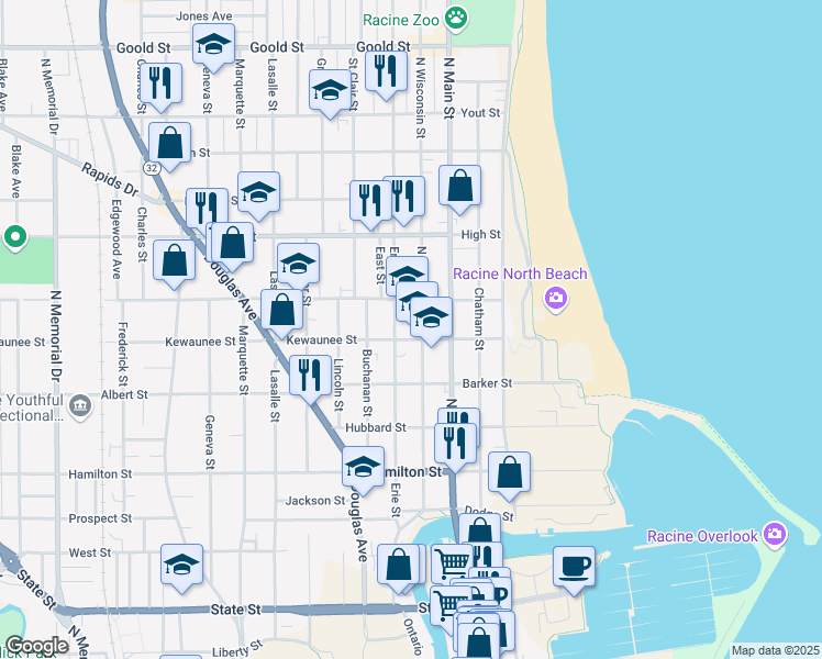 map of restaurants, bars, coffee shops, grocery stores, and more near 510 Kewaunee Street in Racine